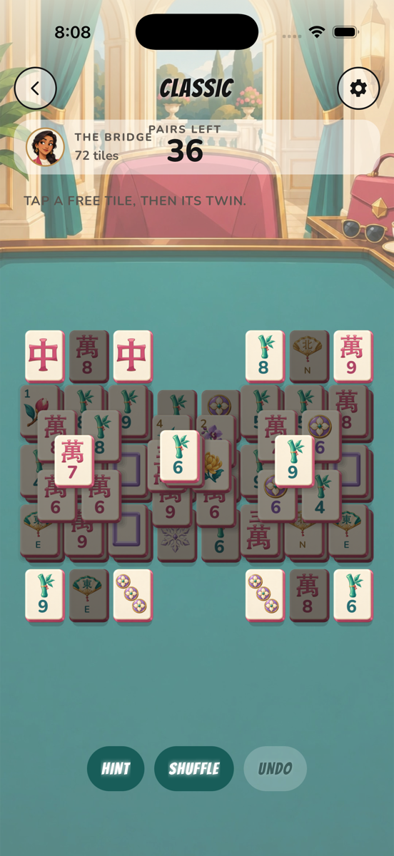 Classic mahjong solitaire with a layered arrangement of tiles
