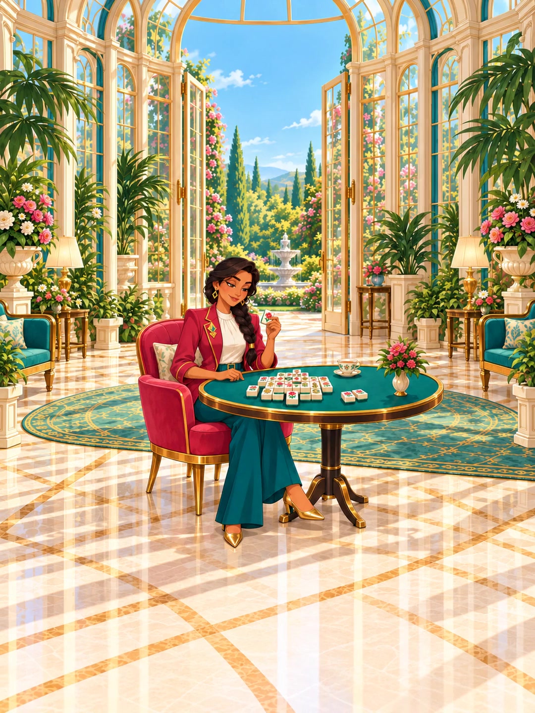 Maya welcomes you to a sunlit conservatory and a table of mahjong tiles